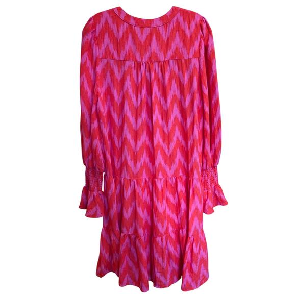 Tuckernuck Pomander Place Ikat Tiered Dress Pink & Red Long Sleeve Ruffle Hem - Picture 5 of 7